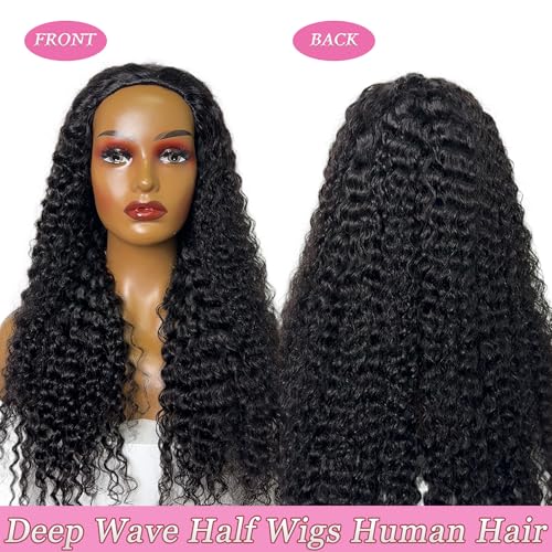 Curly Half Wig Human Hair 180% Density Deep Wave Glueless Wigs Upgrade 3 In 1 Wigs Beginner Friendly Seamless Flip Over Drawstring Curly Wig Ready to Go Headband Wig Natural Black Color 18 Inch