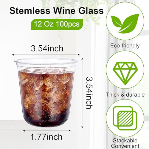 Limbeuuu 100 Pcs Plastic Stemless Wine Glasses Disposable Plastic Wine Glasses for Parties Weddings Birthdays Cocktail (Cl...