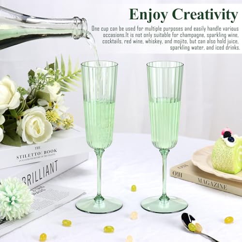 SHIQIKEJIPTY 12 Pack Plastic Champagne Flutes Sage Green Unbreakable Ribbed Champagne Glasses Detachable 5.5 Oz Disposable...