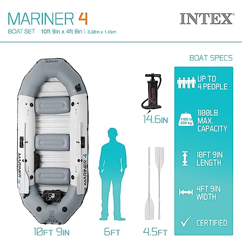 INTEX 68376EP Mariner 4 Inflatable Boat Set: Includes Deluxe 54in Boat Oars and High-Output Pump – Wear-Resistant Keel – R...