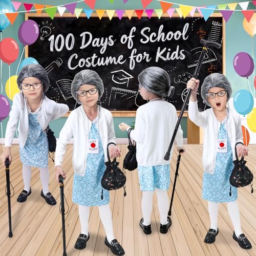 Boutrele 11 Pcs Old Lady Costume for Kids,100 Days of School Costume Girls,Grandma Costumes for Kids Accessories