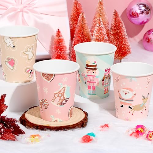 Maxcheck 100 Pcs Pink Christmas Paper Cups 9 oz Disposable Pink Snowflakes Elk Xmas Coffee Cups Hot Drink for Xmas Holiday...