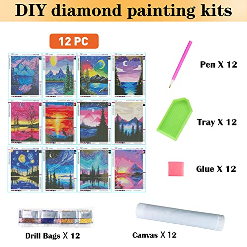 TINY FUN 12 Pack Diamond Painting Kits for Adults 5D Diamond Art Kit Paint by Number for Beginners, DIY Paint with Round F...