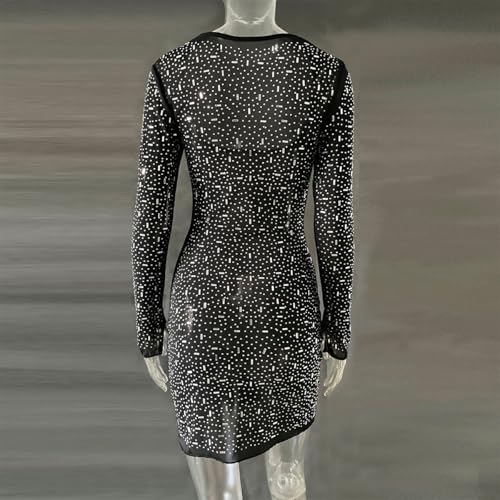 ODIZLI Short Dress for Women Sheer Mesh Long Sleeve Square Neck Rhinestones Semi See-Through Bodycon Mini Party Dresses