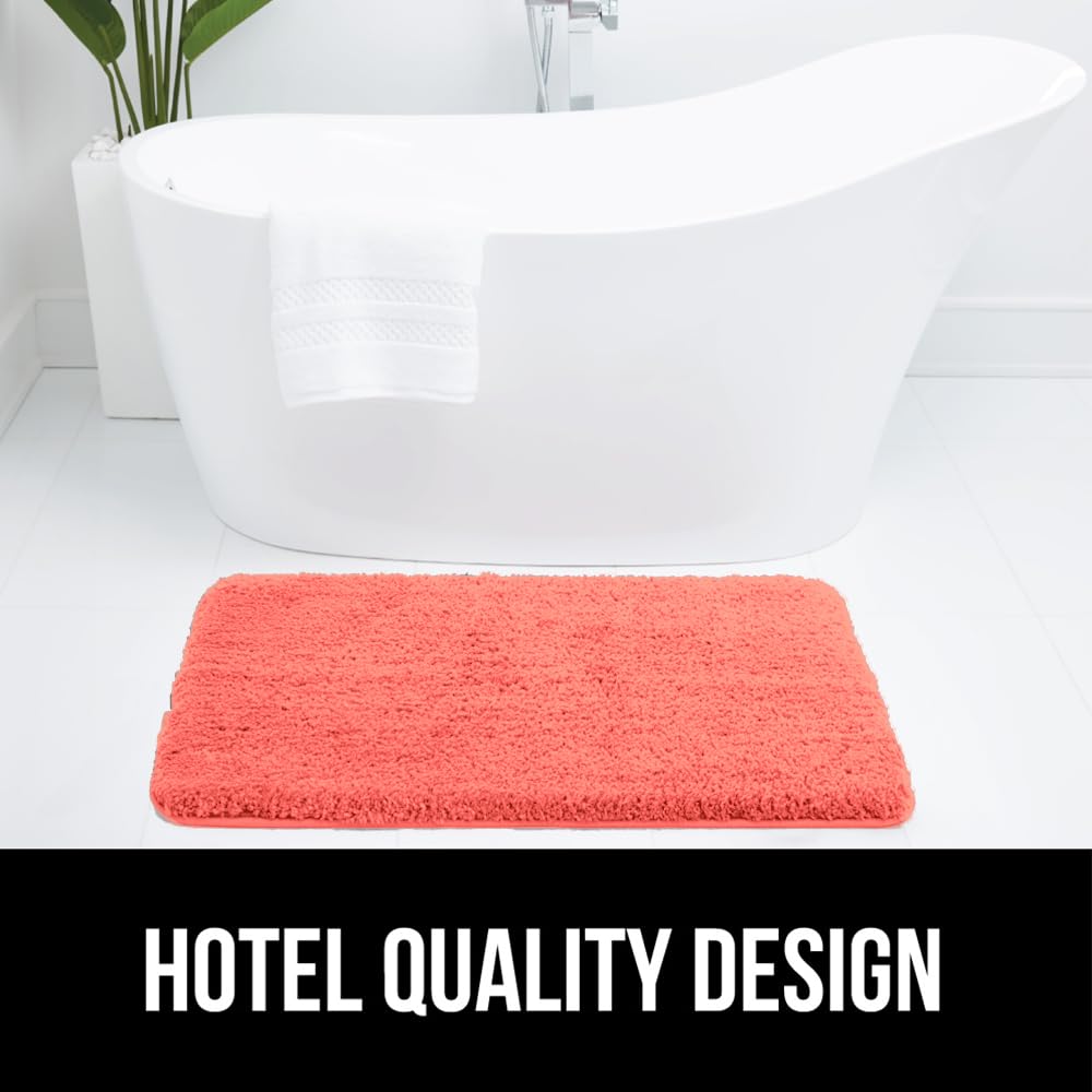 GORILLA GRIP Premium Luxury Bath Rug, Absorbent, Soft, Thick Shag, Plush Bathroom Mat Rugs, Machine Washable, Microfiber Quick Dry, Mats for Shower, Bathtub and Floor Accessories, 24x17, Coral