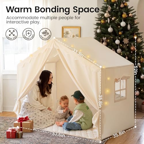 Tiny Land Kids Tent with Mat and Star Lights, Indoor Playhouse for Toddlers, 57"x36"x52" Large Reading Nook for Girls & Bo...