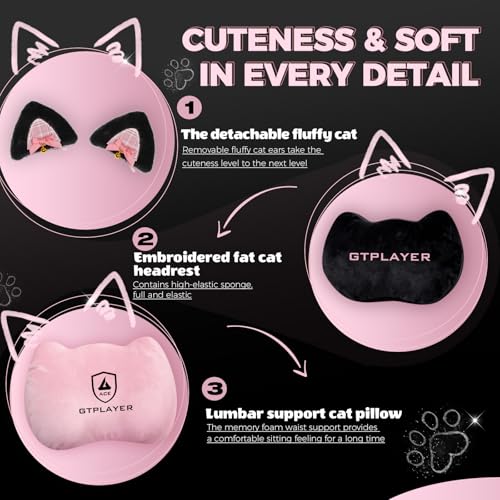 GTPLAYER Pink Gaming Chair Cute with Cat Ears Ergonomic Computer Chair with Cat Embroidery Adjustable Memory Foam Lumbar S...