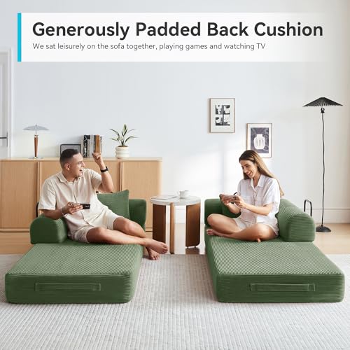 QQR Convertible Floor Sofa Bed with Fixed-Shape Frame, King Size Floor Sleeper 5-in-1 DIY Combination Modular Sofa, Modular Chenille Folding Mattress Couch for Living Room Bedroom Playroom (Green)