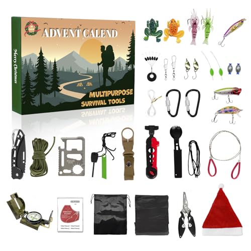 2025 Survival Kit Advent Calendar for Men - 24 Days Survival Gears Gifts - 33pcs Cool Gadgets for Outdoor Camping Fishing ...