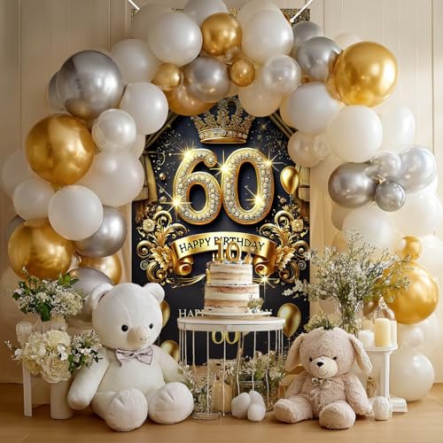 HOMETITUTE 60th Birthday Door Cover 71x35 Inch Royal Gold Birthday Banner for Party Decorations Crown Balloon Cake Backdro...