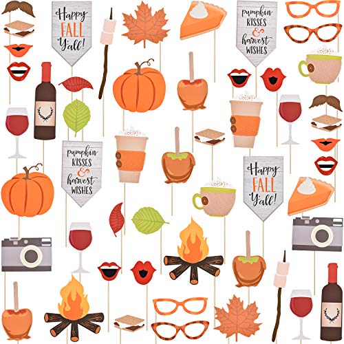 52 Pieces Happy Fall Yall Photo Booth Props Kit Thanksgiving Day Harvest Festival Pumpkin Party DIY Costumes Props with Wo...