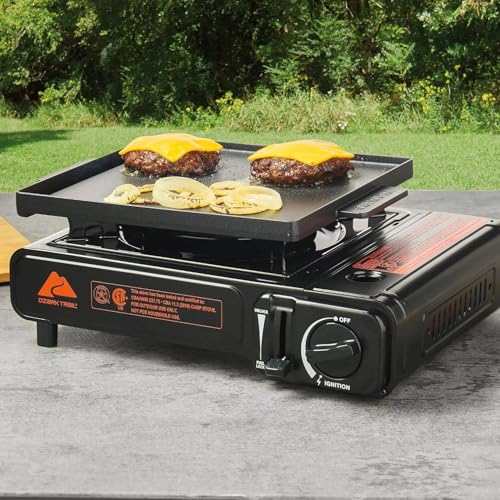 Ozark Trail 2 in 1 Butane Griddle Black, 7650 BTU Piezo-Electric Cast Aluminum Plate, Compact Lightweight Portable Grill f...