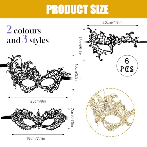 Yolev 6 Pcs Masquerade Masks for Women Gold Black Lace Mask 6 Styles Masquerade Mask for Glasses Couples Halloween Prom Ba...