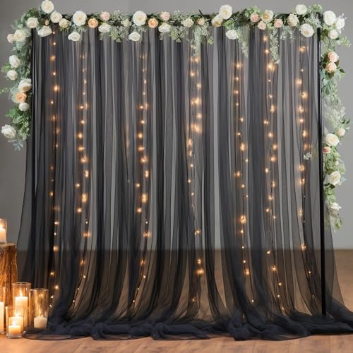 10×10ft Black Tulle Backdrop Curtain with Lights String for Parites, Sheer Photo Backdrop Curtains for Wedding Party Photo...