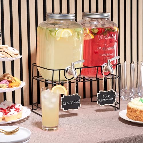 FineDine 2 Pack Glass Drink Dispenser with Stand & Stainless Steel Spigot – 1 Gallon drink dispensers for parties, glass b...