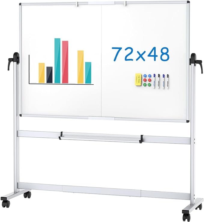 VIZ-PRO Double-Sided Mobile Whiteboard, 72 x 48 Inches, Magnetic Rolling Dry Erase White Board on Wheels with Aluminium Fr...