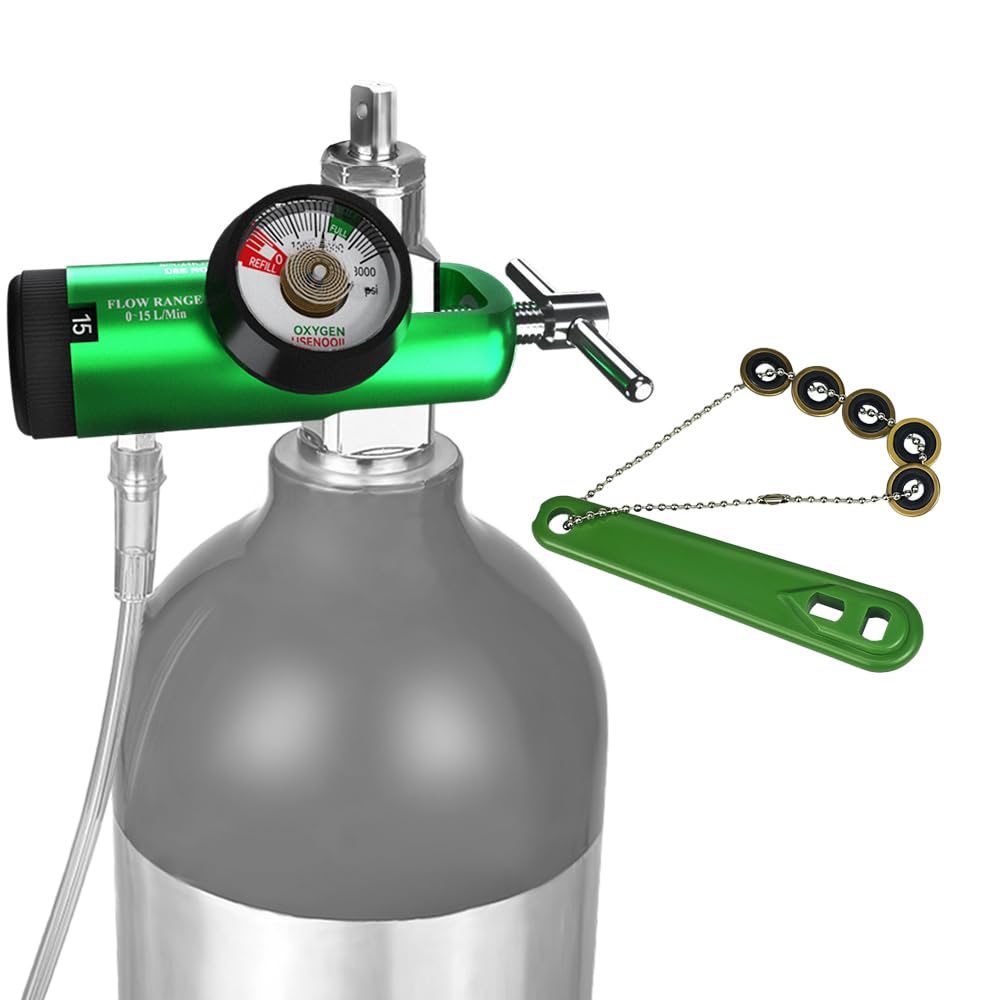 Oxygen Regulator for Oxygen Tank CGA 870 Connection, 0-15 LPM, Portable Oxygen Tank Regulator with Brass Sleeve, Includes 1 Wrench and 5 Brass Yoke Washer Seals