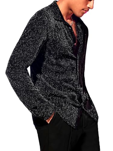 Verdusa Men's Glitter Shirts Long Sleeve Collar Button Down Party Shirt Top