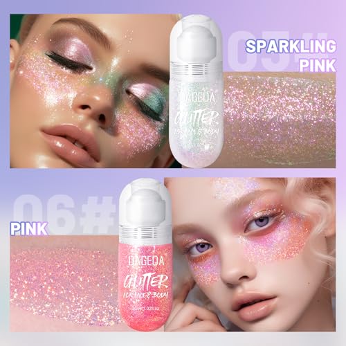 DAGEDA 2Colors Roll-on Body Glitter Gel for Body, Hair, Face, Holographic Glitter Makeup for Rave Accessories, Body Shimme...