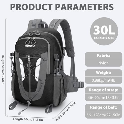 Komofa Hiking Backpack 30L Lightweight Travel Daypack Small Day Pack for Men Women Outdoor Camping Backpacking, Black