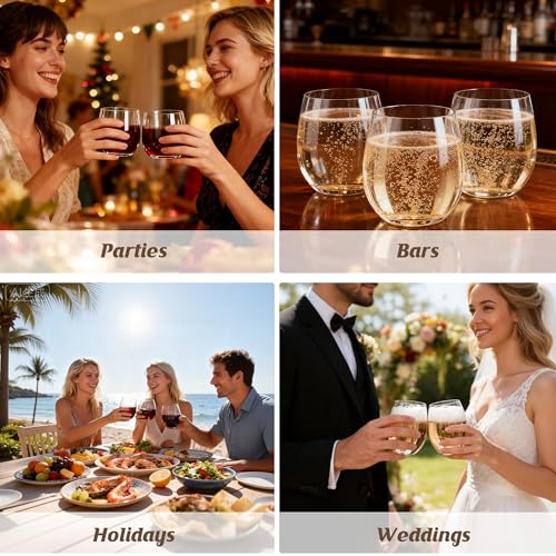 24 Pack 12oz Plastic Stemless Wine Glasses, Disposable Clear Wine Cups - Shatterproof, Unbreakable & BPA-Free, Recyclable ...