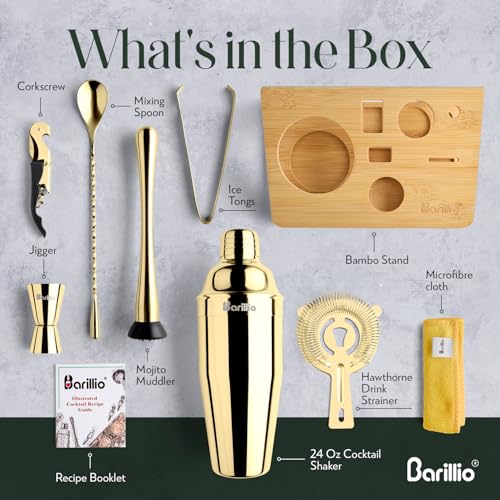 Barillio Gold Bartender Kit - Stainless-Steel Cocktail Shaker Set w/Bamboo Stand - Mixology Bar Tools w/Shaker, Drink Mixe...