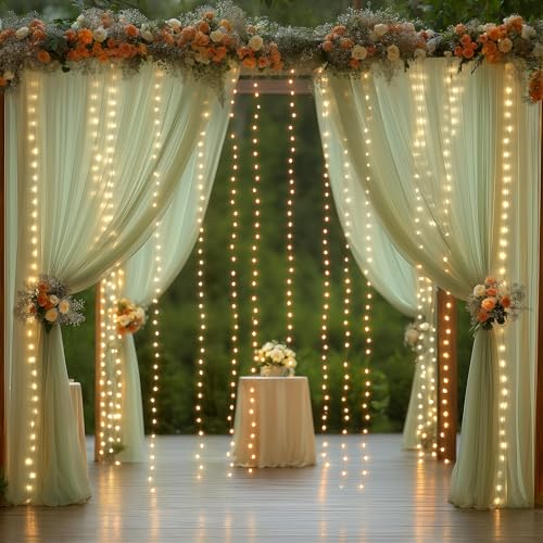 10x10FT Green Wrinkle Free Backdrop Curtains with Lights String for Parties - Photo Curtain Backdrop with Lights for Weddi...