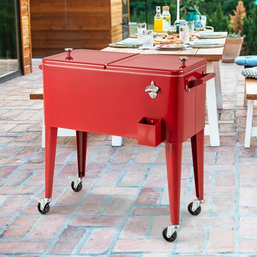 Goplus 80-Quart Rolling Ice Chest, Outdoor Cooler Cart with Wheels, Side Handles, Bottle Opener & Cap Catcher, Portable In...