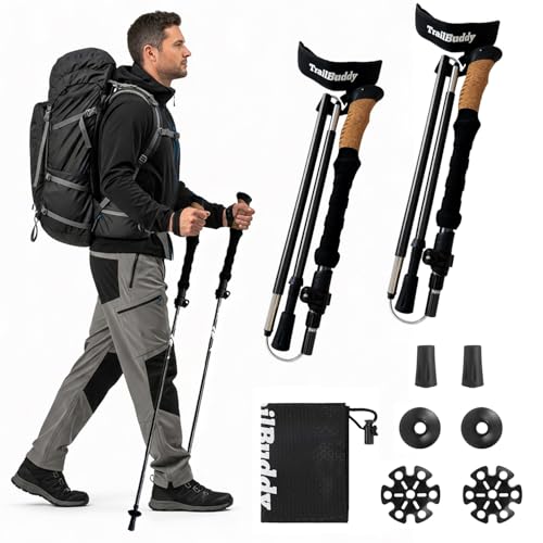 TrailBuddy Foldable Trekking Poles – Ultralight 7075 Aluminum, EVA & Cork Grip Collapsible Hiking Poles – Lightweight Adju...