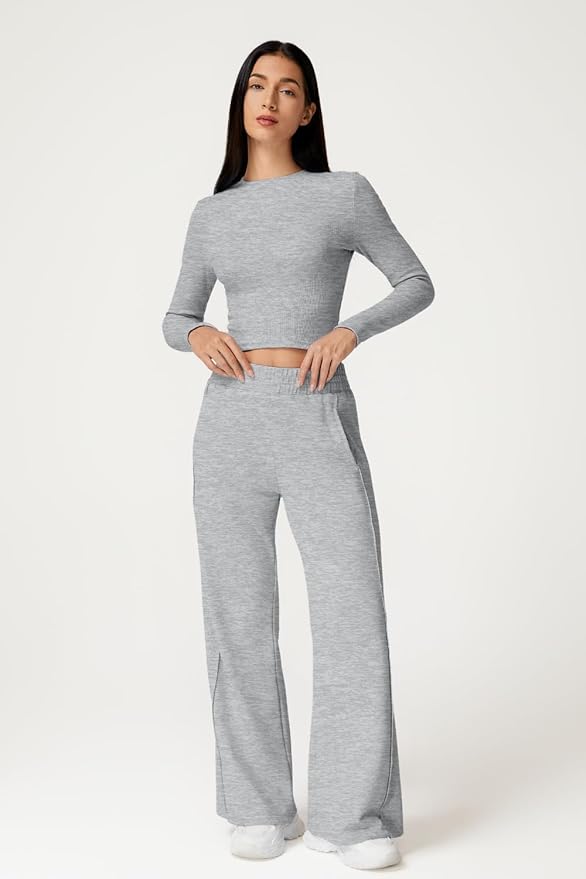 QINSEN Womens 2 Piece Sets Long Sleeve Slim Fit Crop Tops Wide Leg Pants Matching Lounge Set