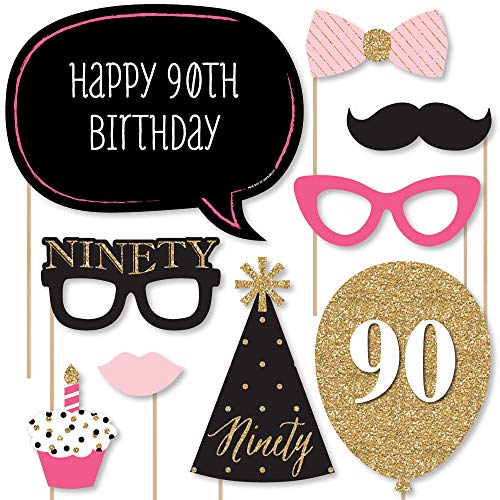 Big Dot of Happiness Chic 90th Birthday - Pink, Black and Gold Party Photo Booth Props Kit 20 Count