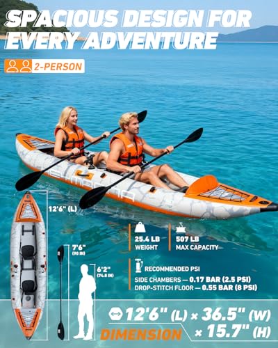2 Person Inflatable Kayak Tandem Fishing Kayak for Adults, Portable Touring Kayak Canoe with Dual Floats, Drop-Stitch Floo...