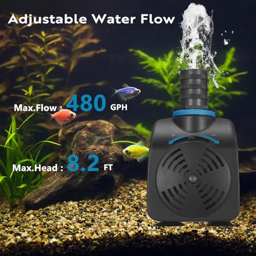 TONGCHANT 480GPH Adjustable Flow Fountain Pump with 3 Nozzles (1/2", 5/8", 3/4"), 10ft High Lift, 35W Ultra-Quiet Submersi...