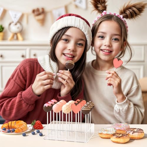 2 Pack Cake Pop Stand with Sticks Kit, Acrylic Lollipop Hold Stand, Clear Cake Pop Display Holder, 15 Holes Candy Pop Hold...