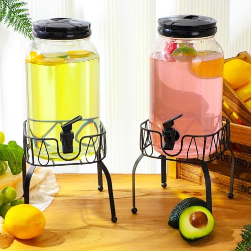 Tanlade 2 Pcs Plastic Drink Dispenser with Stand Beverage Dispenser with Sturdy Metal Base Juice Jar for Parties Lemonade ...