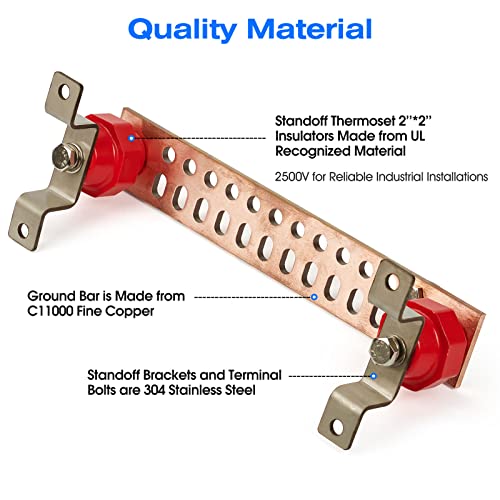 12" Heavy-Duty Copper Ground Bar Kit,Grounding Bus Bar,with 24 x 0.41’’ Holes & Slots and 2” x 2’’ Standoff Insulators Mad...