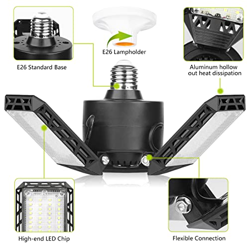 4 Pack Led Garage Lights, 60W Deformable Garage Ceiling Light 8000 lm E26 Basement Lights with 3 Adjustable Led Panels, Fi...