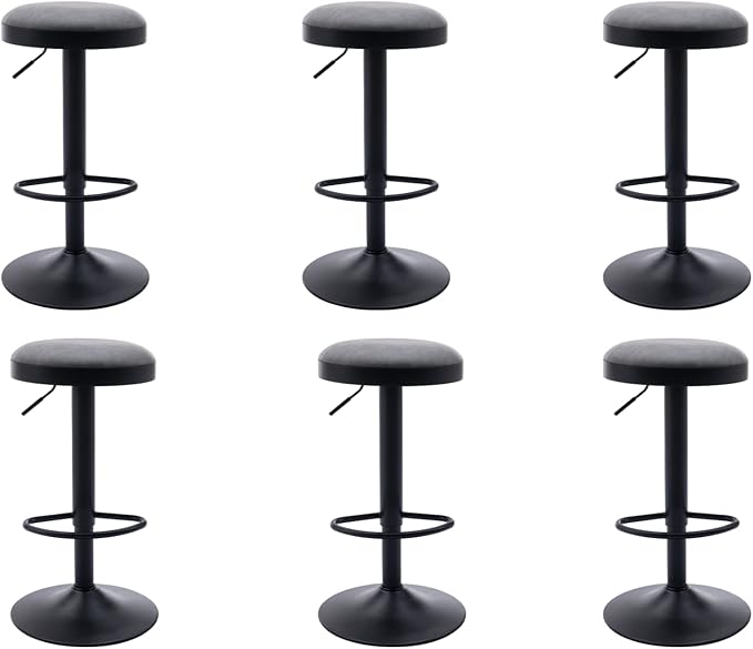 EALSON Modern Swivel Bar Stools Set of 6 Adjustable Counter Height Backless Barstools with Metal Base Leather Upholstered Round Bar Stool Chairs for Kitchen Island/Pub/Breakfast Bar, Grey