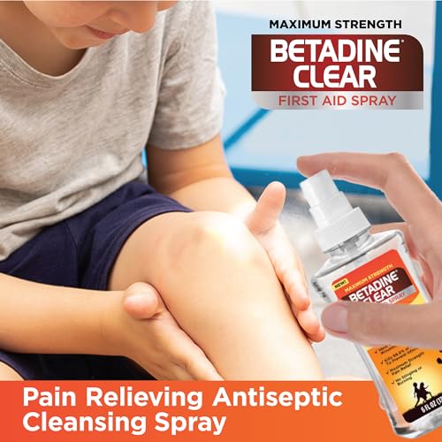 Betadine Clear First Aid Spray, Max Strength Pain Relieving Antiseptic Cleansing Spray, No Stinging, Kills 99.9% of Germ...