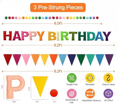 3D Happy Birthday Banner Set – Pre-Strung Reusable Rainbow Happy Birthday Decorations with Felt Ball Garland, Triangle Fla...