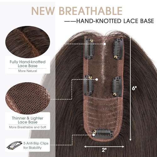 S-noilite Real Human Hair Toppers for Women - 100% Human Hair, 2.25"*6" Lace Silk Base, 10 inch Dark Chocolate Brown