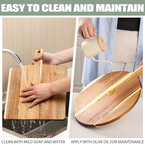 2 Pack Acacia Wood Cutting Board with Stand, Charcuterie Boards for Kitchen, Round & Rectangular Wooden Cutting Board Set ...