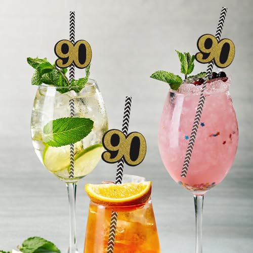 NIEITRK 24PCS Black Gold 90st Birthday Card Straws, Biodegradable Paper Straws with Number 90 for Bar Drinks, Milestone Ce...