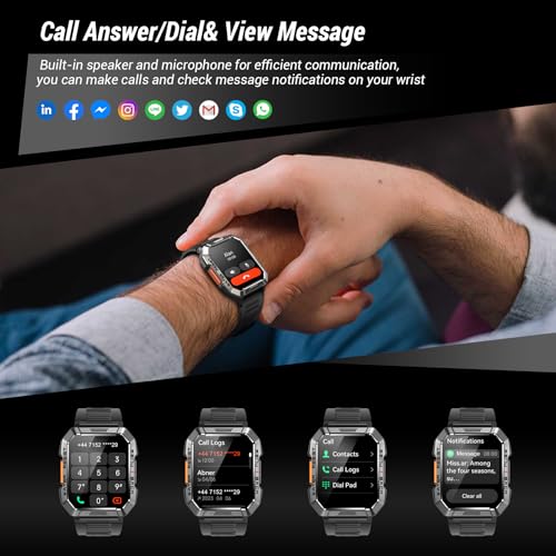 Military Smart Watch for Men (Answer/Make Calls), 2.01'' Smart Watch for Android and iPhone, Fitness Tracker with Flashlig...