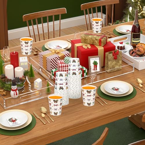 Houuqe 100 Pcs 9 oz Christmas Ribbons Bows Paper Cups Disposable Coquette Bowknot Coffee Cups Hot Cocoa Chocolate Paper Cu...