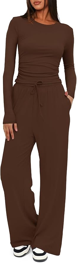 Darong Women's 2 Piece Outfits Lounge Sets 2026 Long Sleeve Tops Wide Leg Pants Casual Matching Set