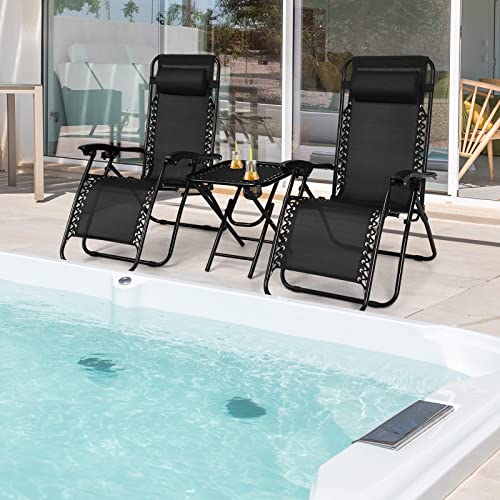 Goplus Zero Gravity Chair Set, 3 Pieces Outdoor Lounge Chair Recliners w/Side Table, Headrest and Cup Holders, Adjustable ...
