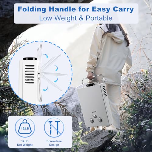 Outdoor Propane Tankless Water Heater - 6L 1.58 GPM Portable Gas Water Heater with Handle & Overheating Protection, Instan...