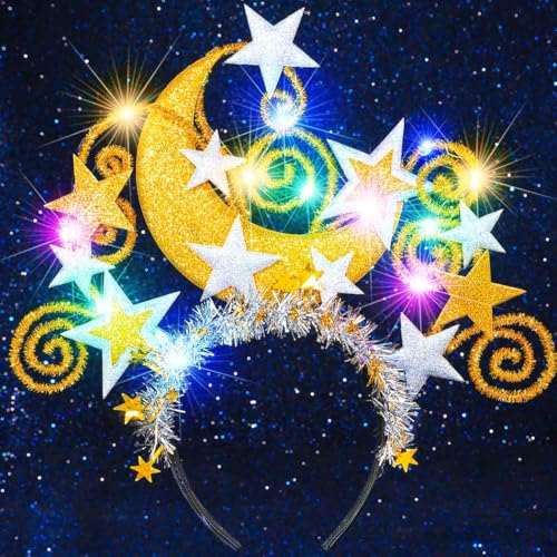 Fashey Light Up Star Headband Gold Moon Crown Led Christmas Headbands Holiday Hair Accessories for Women