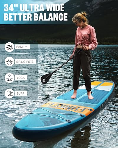 FUNKEE 11’×34"×6" Extra Wide Inflatable Stand Up Paddle Board, Sup Board with Removable Fins, Backpack, Floating Paddle, S...